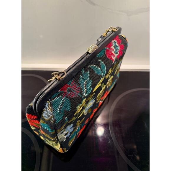Vintage Carpet Bag Needlepoint Tapestry Structured Satchel Large Floral Black - Picture 7 of 15